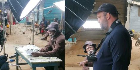 A collage image of Arap Uria and a photographer shooting a FIFA World Cup project in Ghana on August 2, 2022.