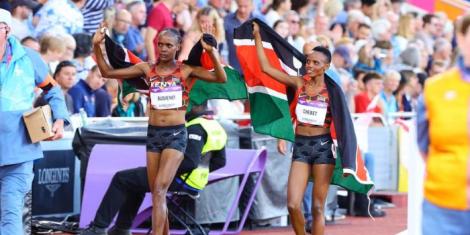 Sheila Jepleting (L) and Beatrice Chebet (R) celebrating winning medals for Kenya at the 2022 Commonwealth Games on August 8.