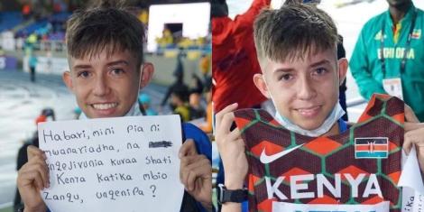 A collage image of a young boy holding a placard and a team Kenya jersey at the 2022 World Under 20 Athletics Championships held in Cali, Colombia.