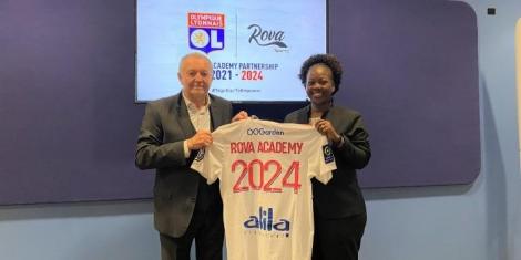 Rova Sports Academy Founder Rose Maghas (left) together with Olympique Lyonnais President Jean-Michel Antoine Aulas(right)