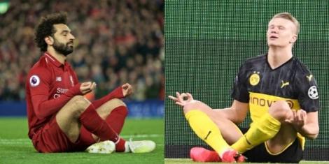 Mohamed Salah (left) and Erling Haaland (right) yoga celebration.