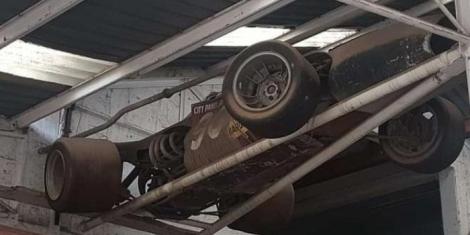 Gurbux Singh Sagoo special rally car suspended at City panel beaters.
