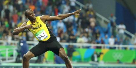 Usain Bolt posing in his signature celebration at the 2016 Olympic Games staged in Rio de Janeiro, Brazil.