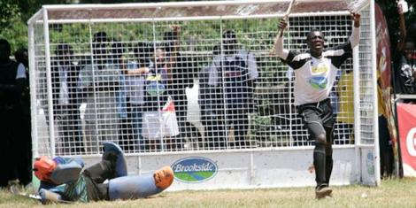 Victor Wanyama of Mang'u high celebrating scoring a penalty against Lenana School at the 2010 KSSSA national games held in Upper Hill, Nairobi.