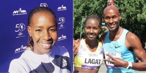 Collage image of Kenyan runner Violah Lagat (L) and her posing for a photo with her brother Bernard Lagat (R).