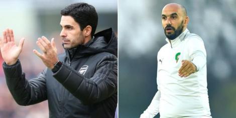 Collage of Arsenal manager Mikel Arteta (L) and Moroccon head coach Walid Regragui (R).