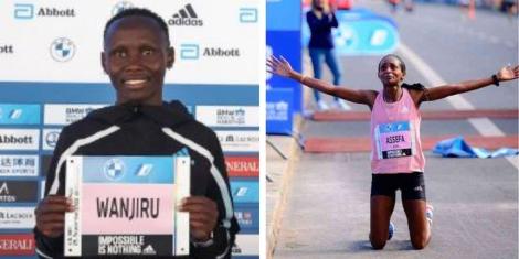 A collage image showing Rosemary Wanjiru and 2022 BMW Berlin Marathon winner Tigist Assefa from Ethiopia.