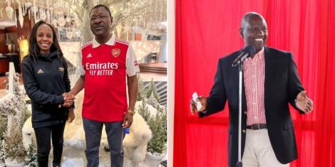 Collage image of Moses Wetangula posing for a photo with Arsenal chef (L), and President William Ruto addressing a gathering (R).