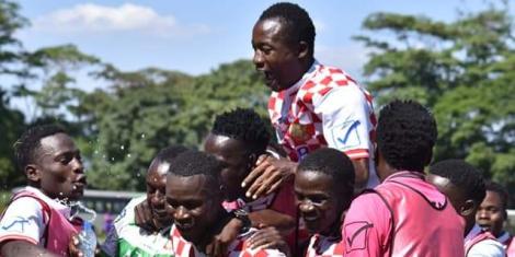 Nzoia United players celebrate a goal against Kariobangi Sharks in the Kenya Premier League on December 11.