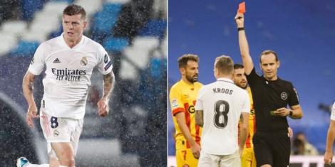 A collage of Real Madrid midfielder Toni Kroos in action against Girona (left) and him being shown a red card on Sunday, October 30, 2022, at Santiago Bernabéu Stadium. 