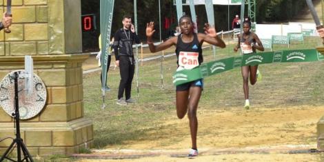 Turkish runner Yasemin Can celebrates winning the 2022Cross International de Italica on November 20, 2022 in Spain.