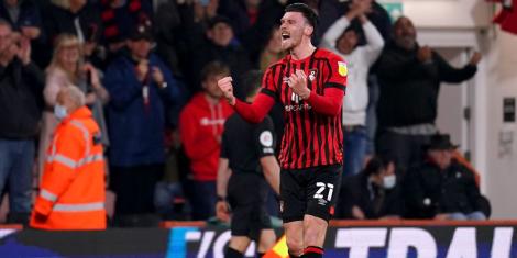 Kieffer Moore Celebrates After Sending Bournemouth back to the Premier League with a free-kick goal in a 1-0 win over Nottingham Forest on April 19 2022.