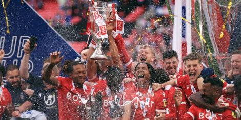 Nottingham Forest Celebrate Their Premier League Comeback After Their 1-0 Victory Against Huddersfield Town AFC At Wembley Stadium on May 29, 2022.