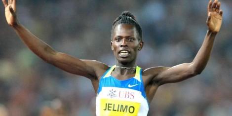 Kenyan Athlete Pamela Jelimo celebrates after winning a past race. 