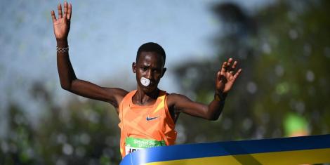 A file image of Judith Jeptum crossing the finishing line at the Paris Marathon  on Sunday 4,2022