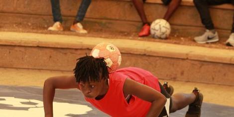 Kenyan player Rael Kamanda showing some of her skills at the national Freestyle national championship staged at the Nairobi National Museum on July 31, 2020.