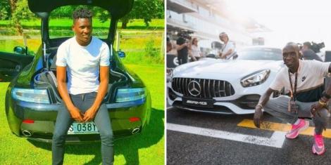Al Duhail club ace Michael Olunga poses for a photo (left) and legendary athlete Eliud Kipchoge poses for a photo alongside Mercedes-AMG series