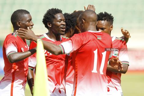 Harambee Stars players celebrate their second goal against Tanzania